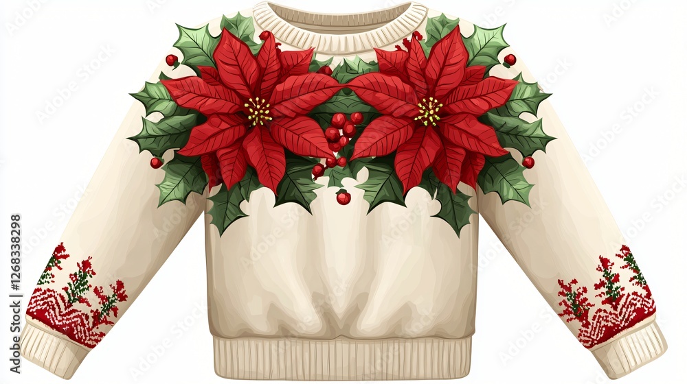 Festive cream Christmas sweater with poinsettia, holiday apparel Festive cream Christmas sweater with poinsettia, holiday apparel