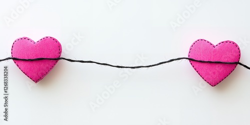 Two Pink Felt Hearts Connected by Black String on White Background Romantic Valentine s Day Concept