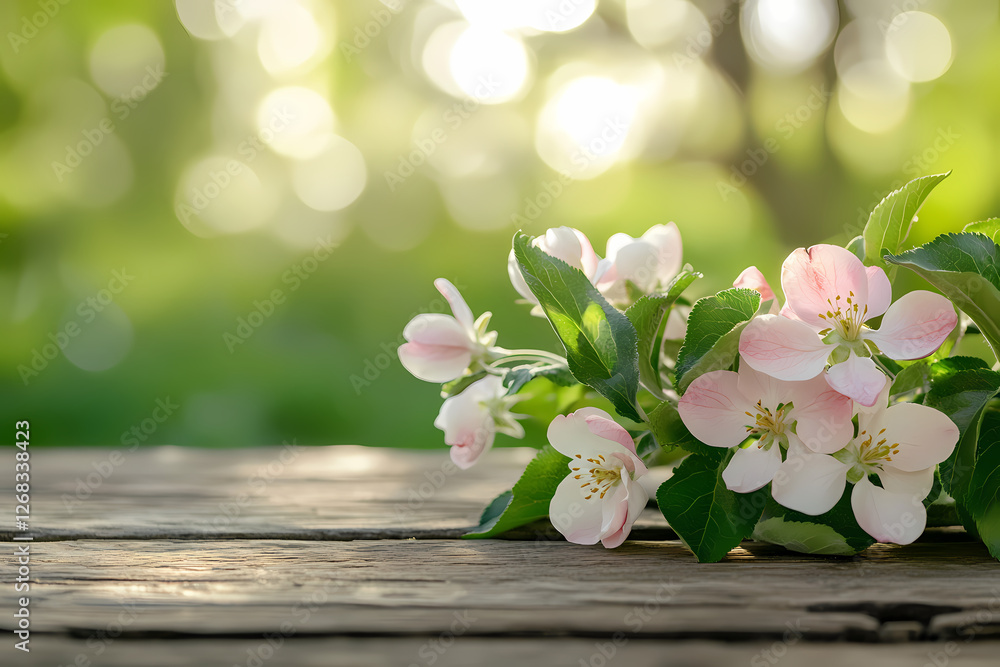 Blossom on Wooden Table: A cluster of delicate pink and white blossoms rests gracefully on a rustic wooden table, bathed in the soft glow of sunlight with a blurred green background. Blossom on Wooden Table: A cluster of delicate pink and white blossoms rests gracefully on a rustic wooden table, bathed in the soft glow of sunlight with a blurred green background.