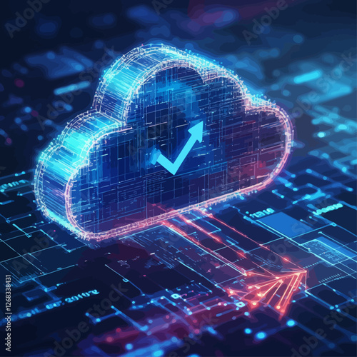 Cloud Computing Illustration with Upward Arrow on Circuit Board Background