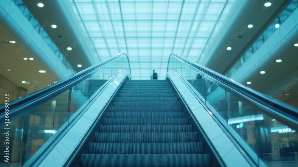 Person ascending escalator in modern mall atrium Person ascending escalator in modern mall atrium