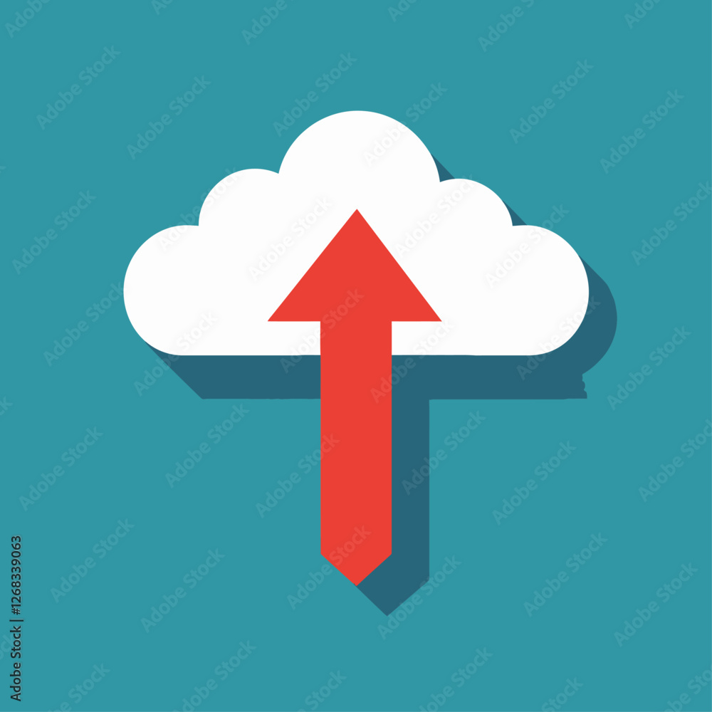 Cloud upload icon with red arrow on turquoise background. Cloud upload icon with red arrow on turquoise background.
