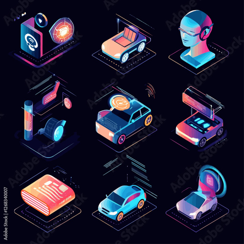 Futuristic technology isometric car design with circuit board, ai, and concept