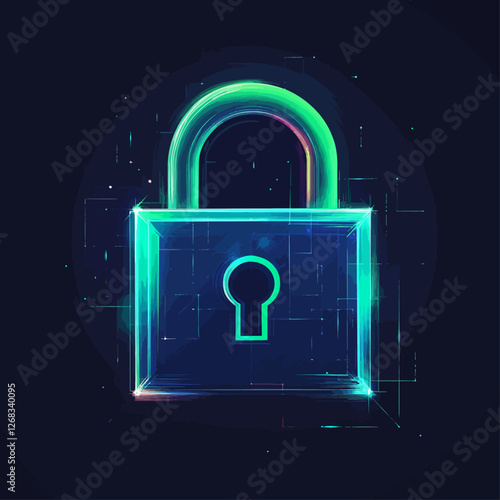 Neon lock illustration, data security concept, digital technology graphic.