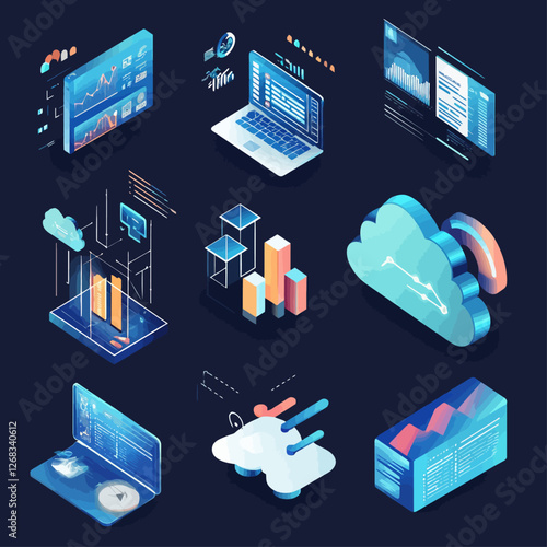 Digital Cloud Computing and Data Analysis Icons on Dark Background
