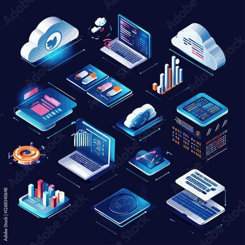 Isometric cloud computing and data analysis concept illustration