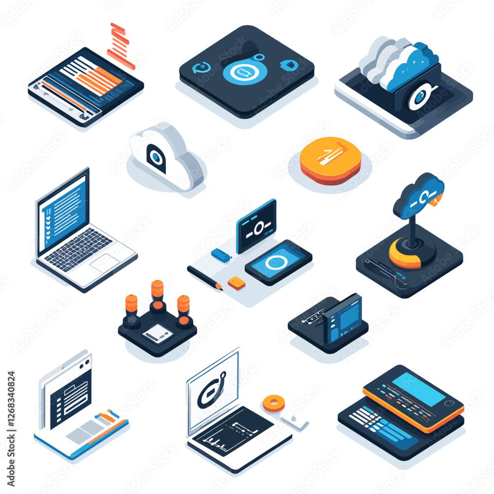 Isometric tech icons: cloud computing, laptops, smartphones, data, modern design Isometric tech icons: cloud computing, laptops, smartphones, data, modern design
