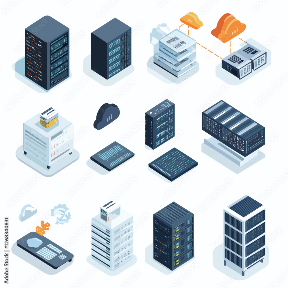 Isometric Server Racks, Cloud Computing and Data Storage Technology Illustration Isometric Server Racks, Cloud Computing and Data Storage Technology Illustration