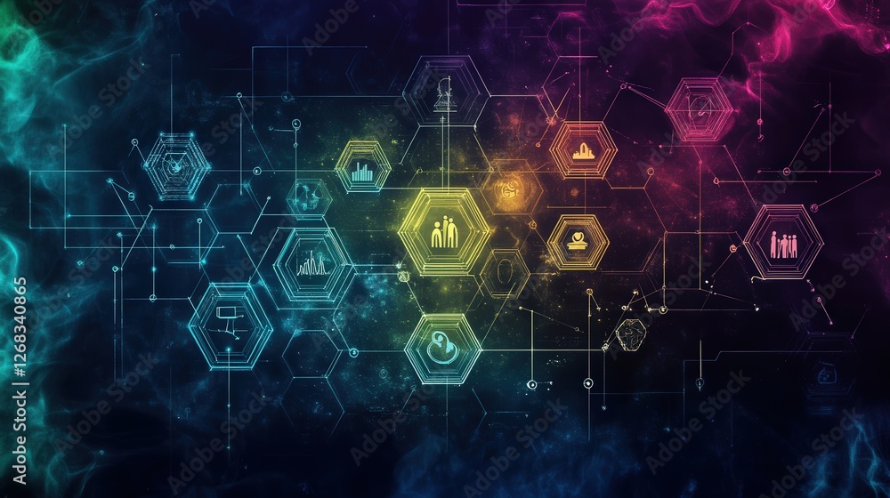 hexagon diagram representing a social network, with people icons and dynamic lines forming connections in a community hexagon diagram representing a social network, with people icons and dynamic lines forming connections in a community