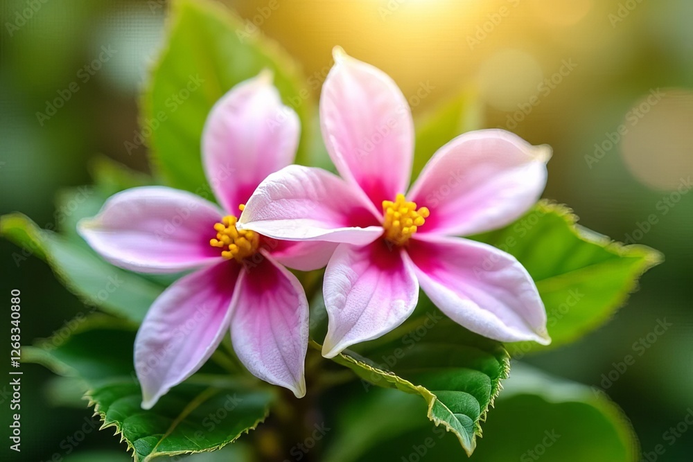 Closeup of Two Beautiful Pink Flowers with Green Leaves Closeup of Two Beautiful Pink Flowers with Green Leaves