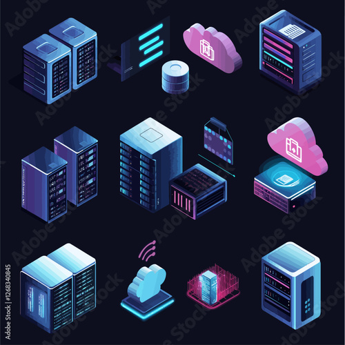 Data Center Servers with Cloud Computing Icons on Black Background