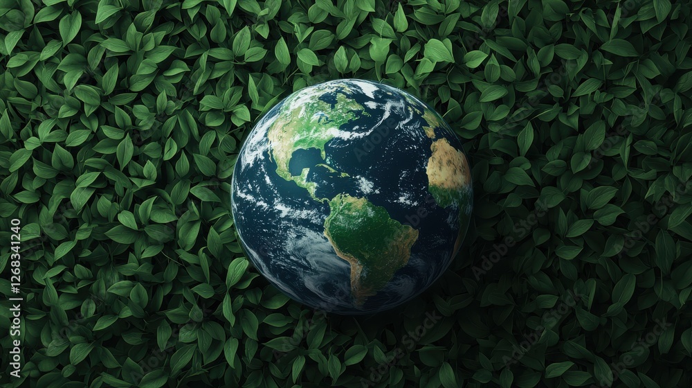 world earth hour day concept. Glowing Earth Surrounded by Lush Green Foliage Symbolizing Environmental Sustainability and Eco Friendly Initiatives world earth hour day concept. Glowing Earth Surrounded by Lush Green Foliage Symbolizing Environmental Sustainability and Eco Friendly Initiatives