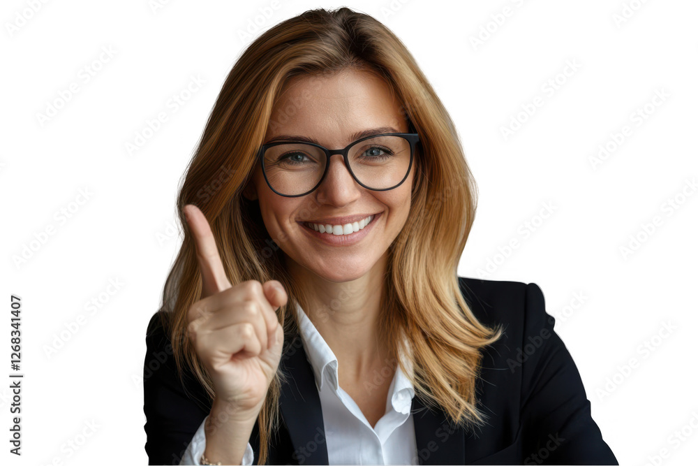 Young professional woman smiling and pointing upwards, suggesting ideas in a modern office setting Young professional woman smiling and pointing upwards, suggesting ideas in a modern office setting
