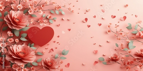 Romantic Valentine s Day Design Paper Flowers Heart Pink Background