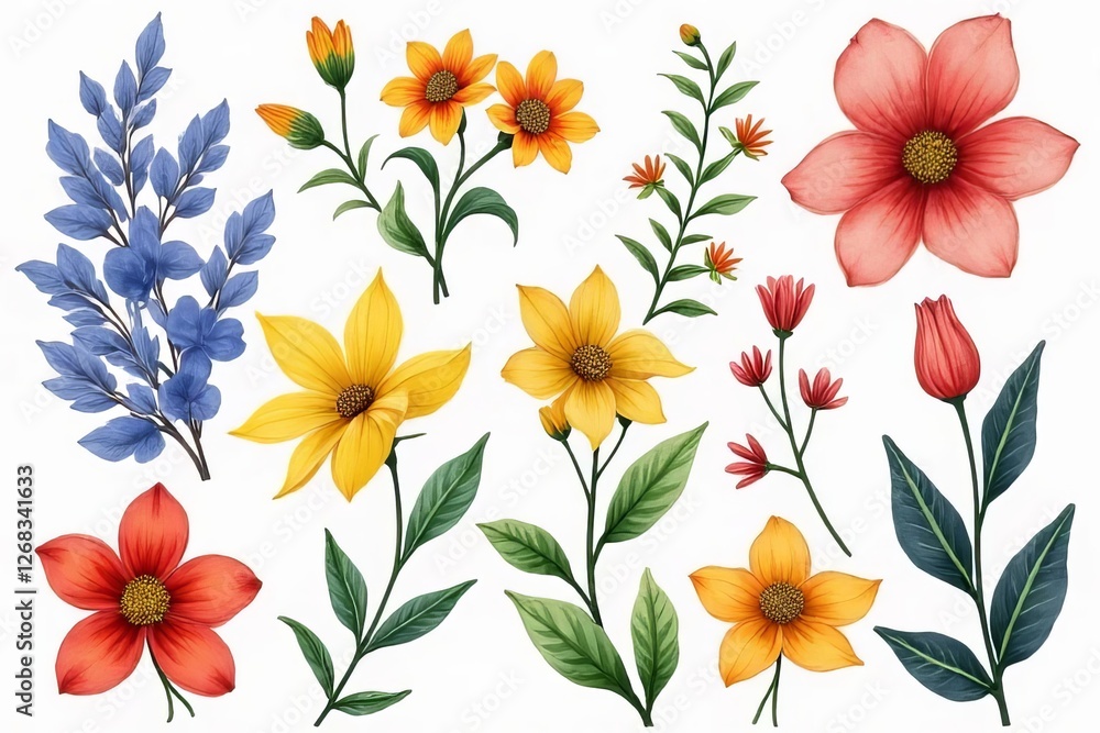 Obraz premium Colorful Floral Illustration Collection with Various Flowers and Leaves