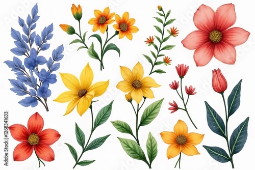 Wallpaper Mural Colorful Floral Illustration Collection with Various Flowers and Leaves Torontodigital.ca