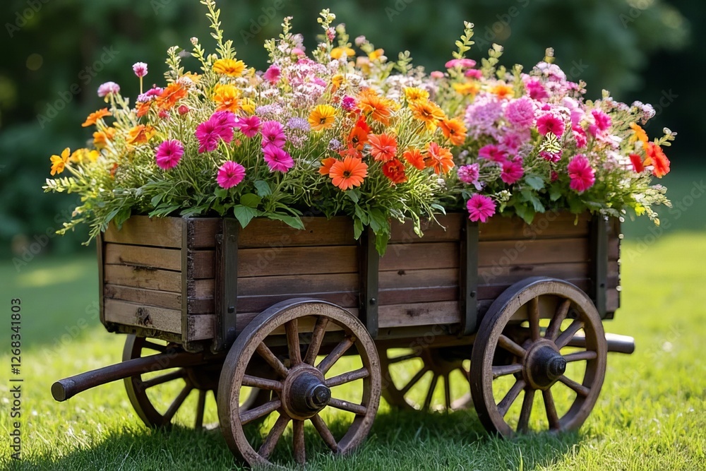 Colorful Flowers in a Wooden Garden Cart Colorful Flowers in a Wooden Garden Cart