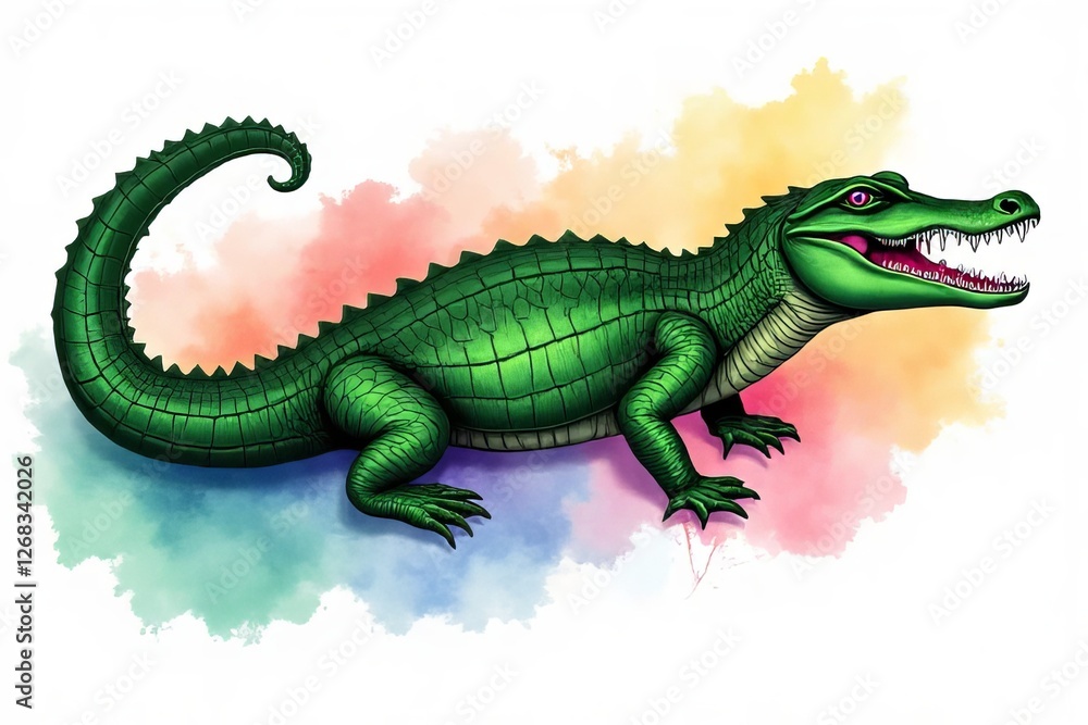Fototapeta premium Colorful Illustration of a Green Crocodile with Watercolor Background