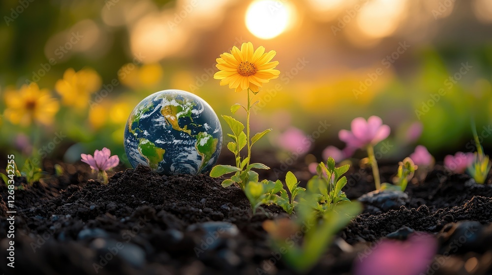 Vibrant flower growing beside a globe in a blooming garden during sunset, symbolizing nature's beauty Vibrant flower growing beside a globe in a blooming garden during sunset, symbolizing nature's beauty
