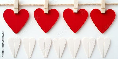 Red Hearts Hanging on Clothesline with White Hearts Below Valentine s Day Decoration