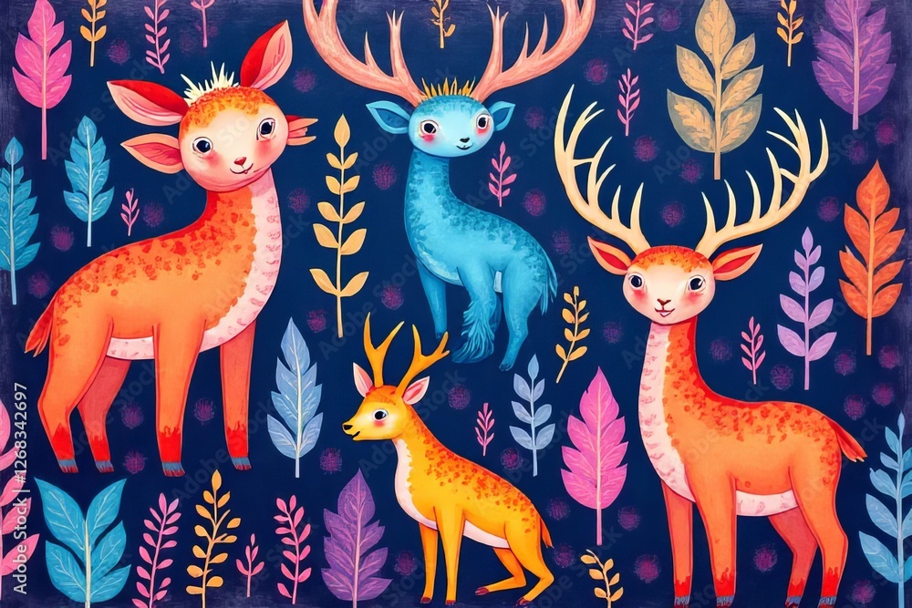 Fototapeta premium Cute Cartoon Deers in a Forest Scene with Colorful Leaves