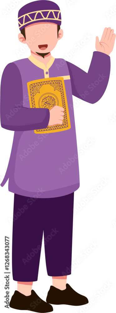 Smiling Muslim Man Holding Quran, Welcoming Gesture, Purple Attire Smiling Muslim Man Holding Quran, Welcoming Gesture, Purple Attire