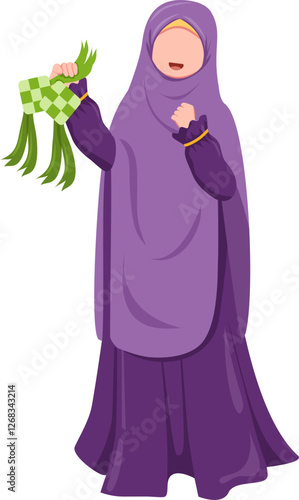 Joyful Muslim Woman in Purple Hijab Holding Ketupat