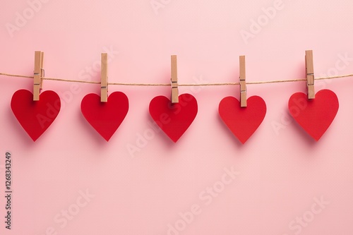 Five Red Paper Hearts Hanging on Clothesline on Pink Background Valentine s Day Love