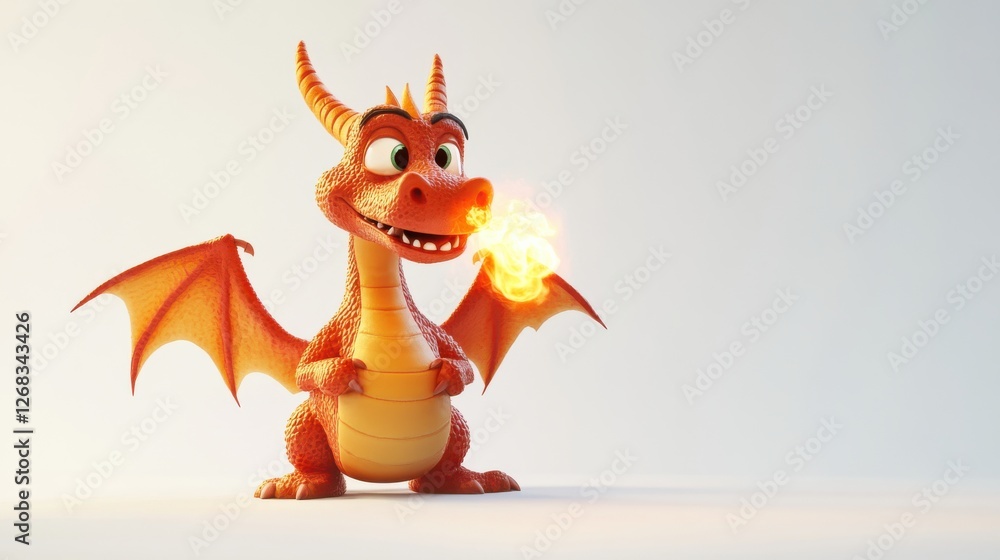 Fototapeta premium Cute cartoon dragon breathing fire on a bright background