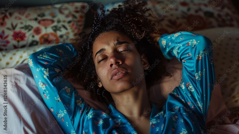 Fototapeta premium Sick biracial woman wearing blue pyjamas touching her head in bedroom 