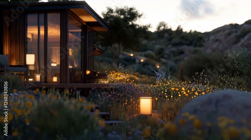 Modern cabin nestled in a hillside garden at dusk.