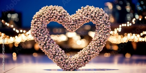 Romantic Heart Shaped Flower Arrangement at Night with Bokeh Lights