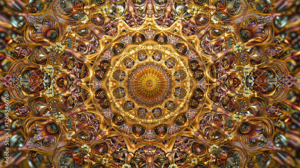 luxurious gold mandala art with intricate patterns and geometric designs showcasing abstract ornate fractal elements in a psychedelic golden kaleidoscope background with metallic texture