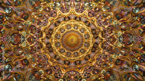 Obraz na płótnie luxurious gold mandala art with intricate patterns and geometric designs showcasing abstract ornate fractal elements in a psychedelic golden kaleidoscope background with metallic texture w salonie