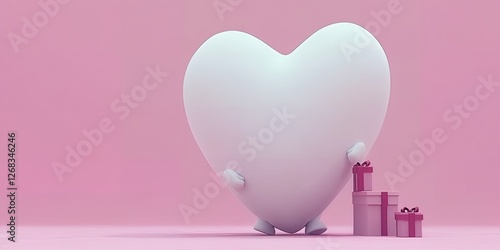 Heart Shaped Character Holding Pink Gifts on Pink Background Valentine s Day Concept