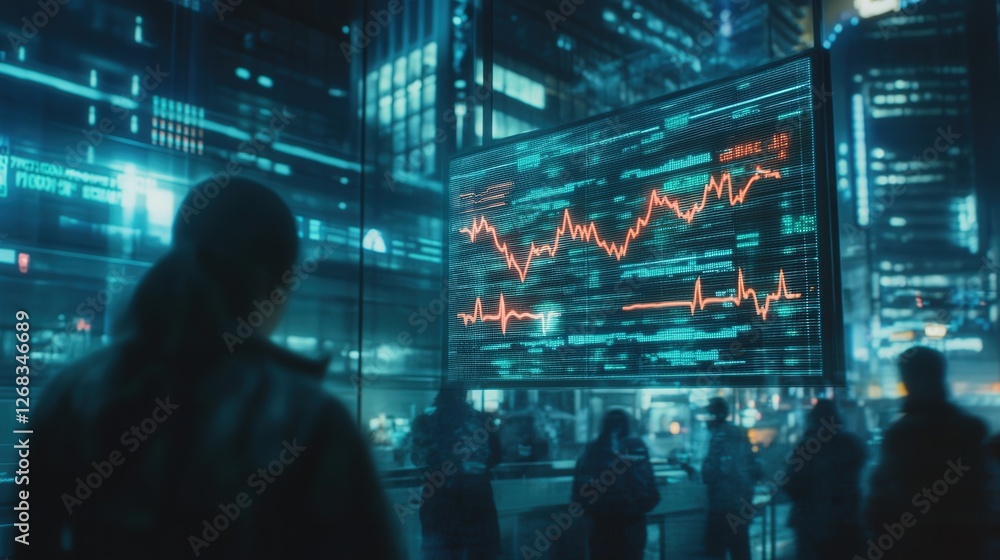 Glitching holographic heart rate visuals flicker above a trading hub, each erratic pulse syncing with panicked investors below