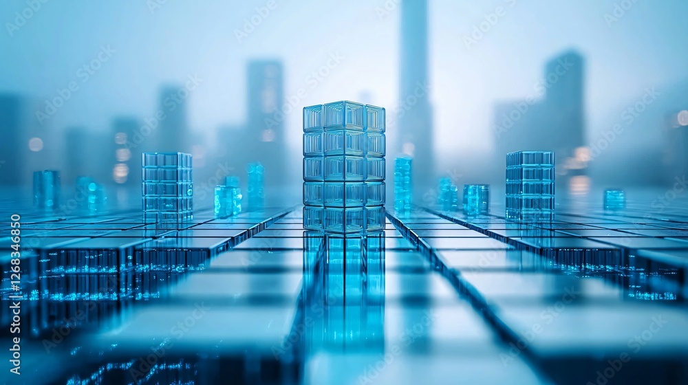 Futuristic city skyline, glass blocks, data grid Futuristic city skyline, glass blocks, data grid