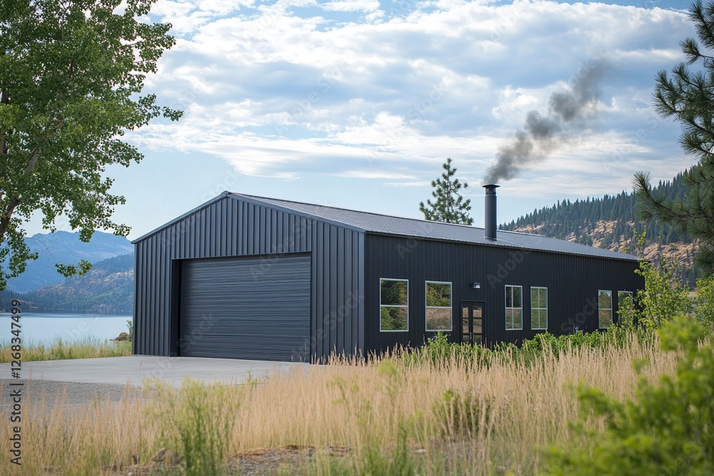 Modern Black Metal Building with Lakeside Views, Featuring a Large Garage Door and Smoke Stack, Nestled in Scenic Landscape. Modern Black Metal Building with Lakeside Views, Featuring a Large Garage Door and Smoke Stack, Nestled in Scenic Landscape.