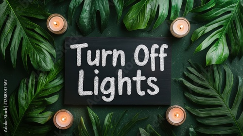 world earth hour day concept. Turn Off Lights Message Surrounded by Lush Green Leaves and Candles