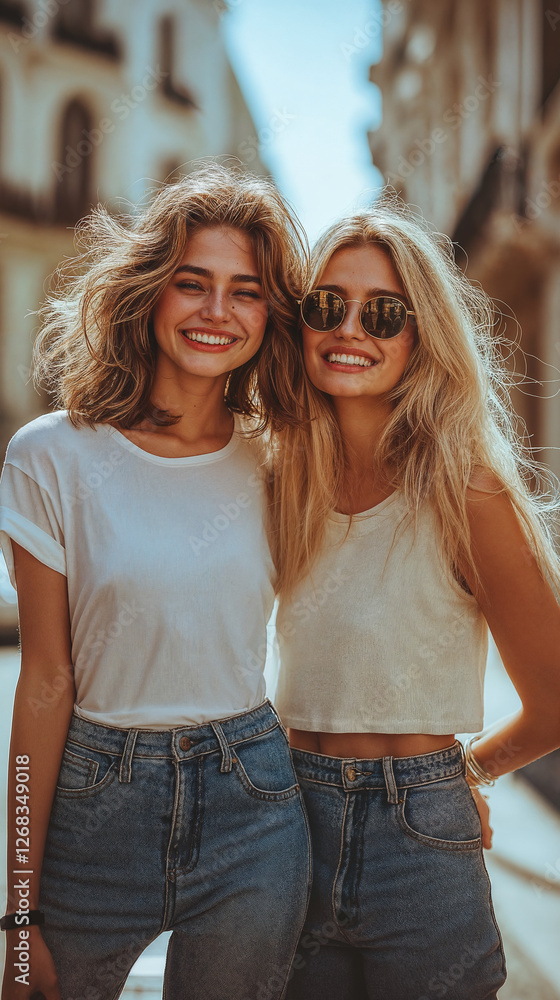 a couple of young women posing for the camera in the street a couple of young women posing for the camera in the street