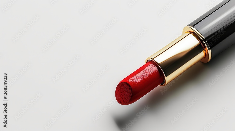 Closeup beautiful red lipstick tube in black and gold cover isolated on white background. Closeup beautiful red lipstick tube in black and gold cover isolated on white background.