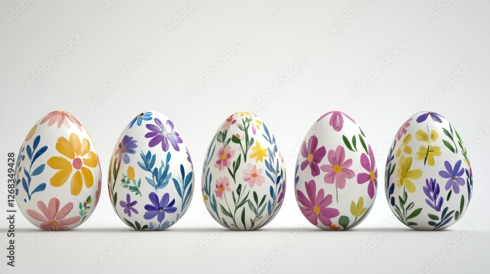 Five floral Easter eggs in a row, white background, spring holiday decoration Five floral Easter eggs in a row, white background, spring holiday decoration