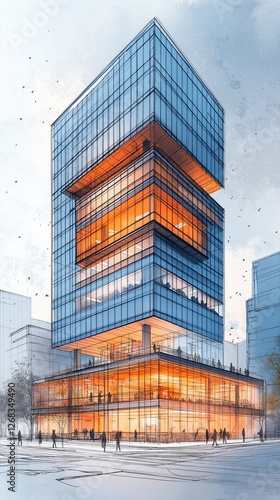 drawing of a glass office b...