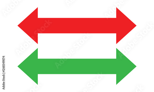 Double headed long arrow. Double ended red and green long arrow illustration. Dual sided arrow icon. Vector Formats. Replace icon. Both sided red and green arrow icon set on white background.