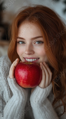 Red haired woman eating an ...