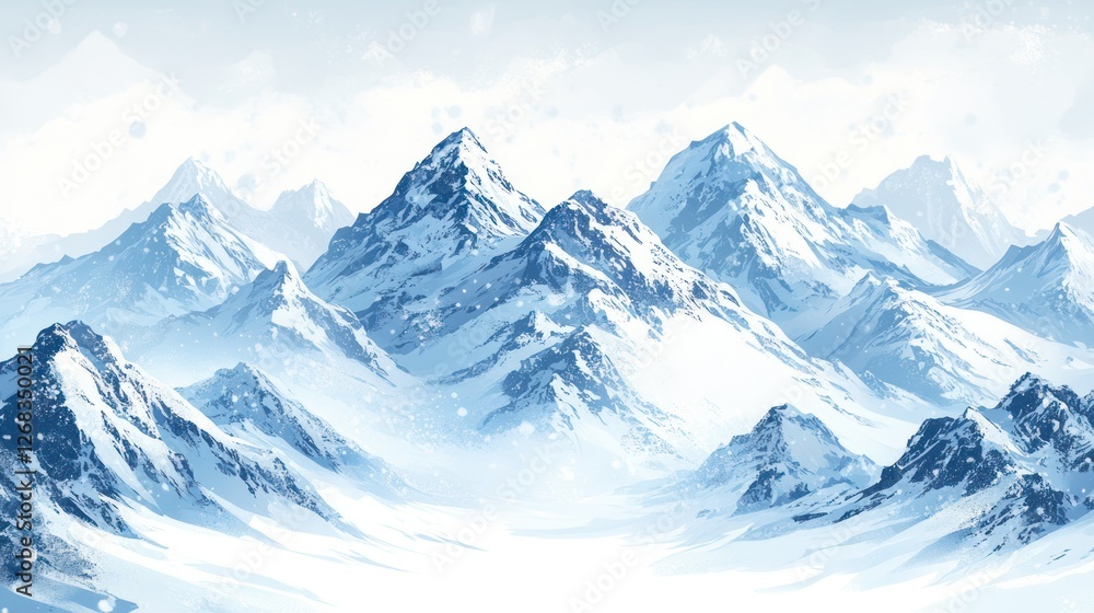 Obraz premium Snowy mountain range winter landscape, serene background, travel poster