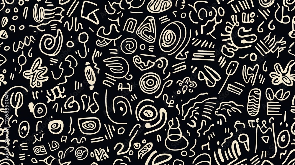 Abstract seamless pattern with hand-drawn doodles, swirls, and lines on black background. Abstract seamless pattern with hand-drawn doodles, swirls, and lines on black background.