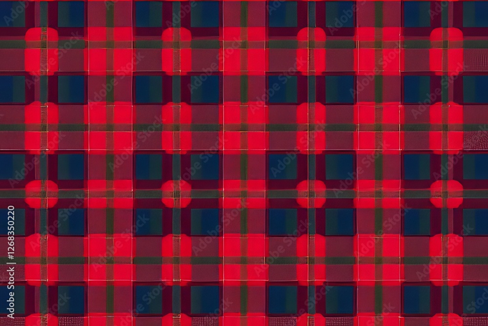Obraz premium Red and Navy Plaid Fabric with Decorative Circles