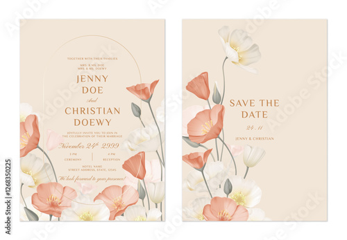 wedding invitation and save the date template set of delicate white and orange California Poppy flowers on a soft peach background, adding a warm and inviting atmosphere