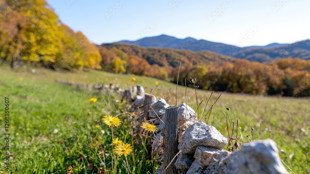 Fototapeta premium Autumnal mountain meadow with stone fence